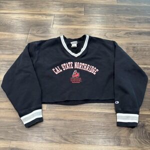 Champion Reverse Weave Sweatshirt Womens XL Black CSUN Cropped V Neck College